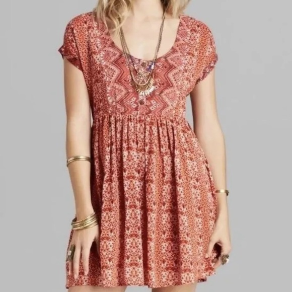 Free People Sundown Geometric Cut Out Back Mini Dress Sz Small Orange Babydoll - Picture 1 of 12